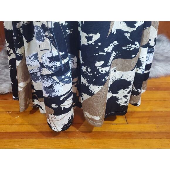 Handmade S Long Sleeve Round Neck Abstract Print Maxi Dress Brown Black Cream - Picture 7 of 9